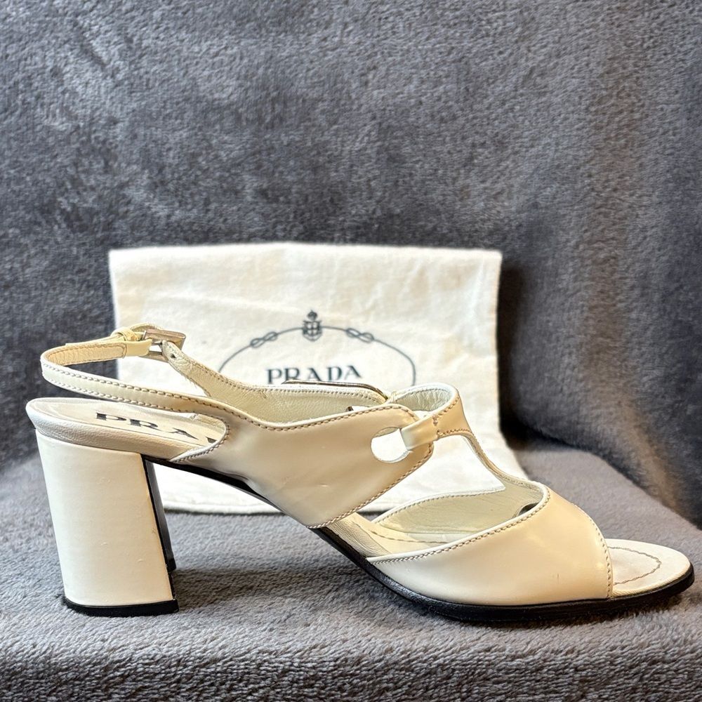 Prada Geometric Cream Logo Triangle Slingback Pumps In Argento 35.5 Sale As Is - Picture 9 of 15